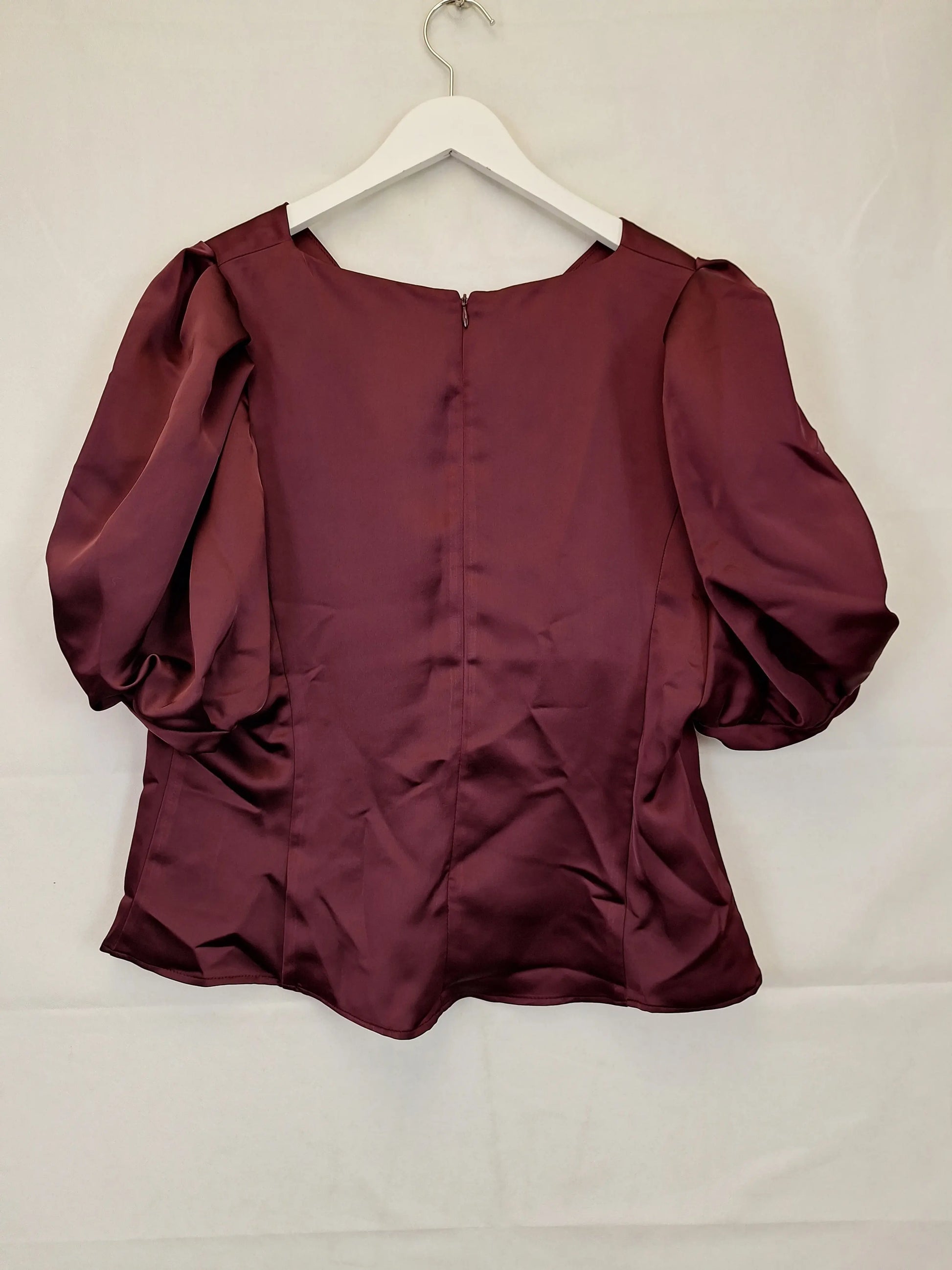 Veronika Maine Merlot  Puff Sleeve Shiny Party Top Size 16 by SwapUp-Online Second Hand Store-Online Thrift Store