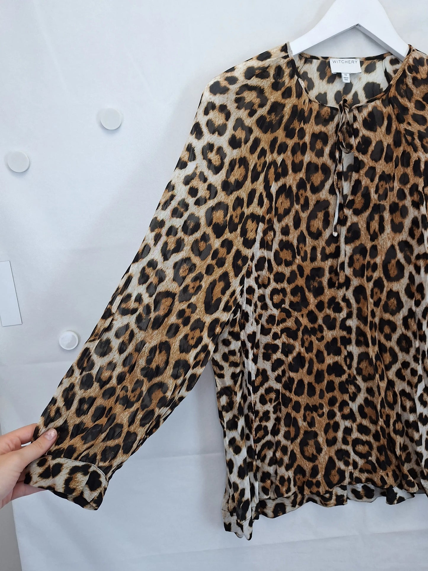 Witchery Leopard Print Tied Neck Sheer Blouse Size 10 by SwapUp-Online Second Hand Store-Online Thrift Store